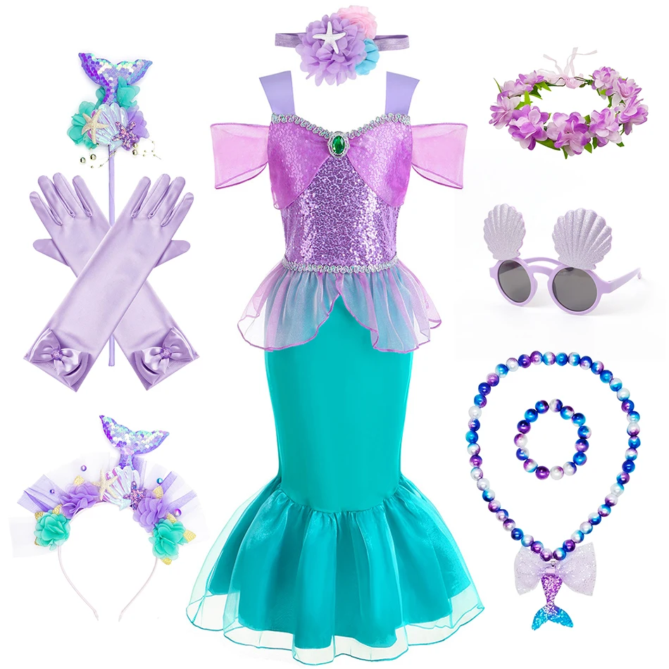 Sereia infantil Cosplay Fantasia, Ariel, Princesas, Vestido de lantejoulas, Halloween, Carnaval, Roupas de festa, Meninas, Feriado, Verão