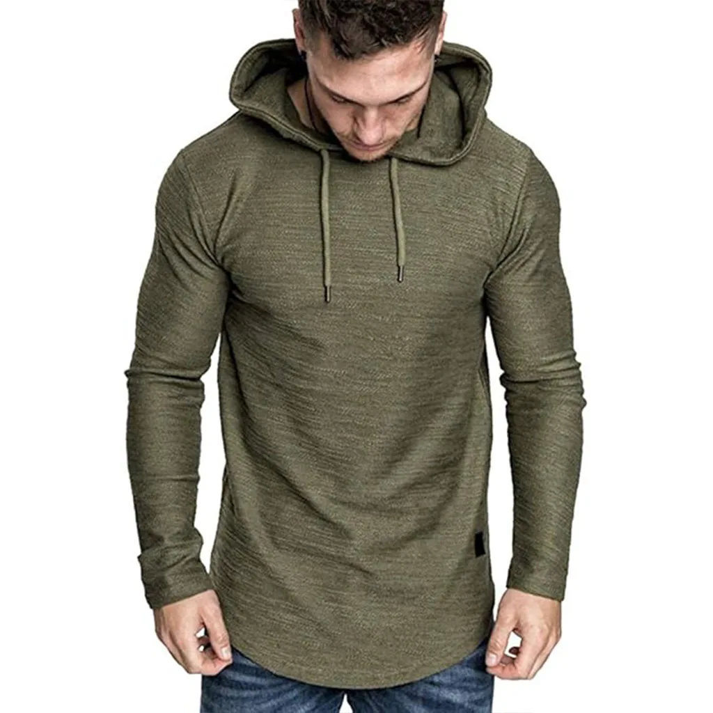Herren-Langarm-T-Shirt mit Kapuze, Kordelzug, Baumwolle, lässig, gemütlich, einfarbig, schmale Passform, für Herren, Sport, Fitness, atmungsaktiv – Detail 3