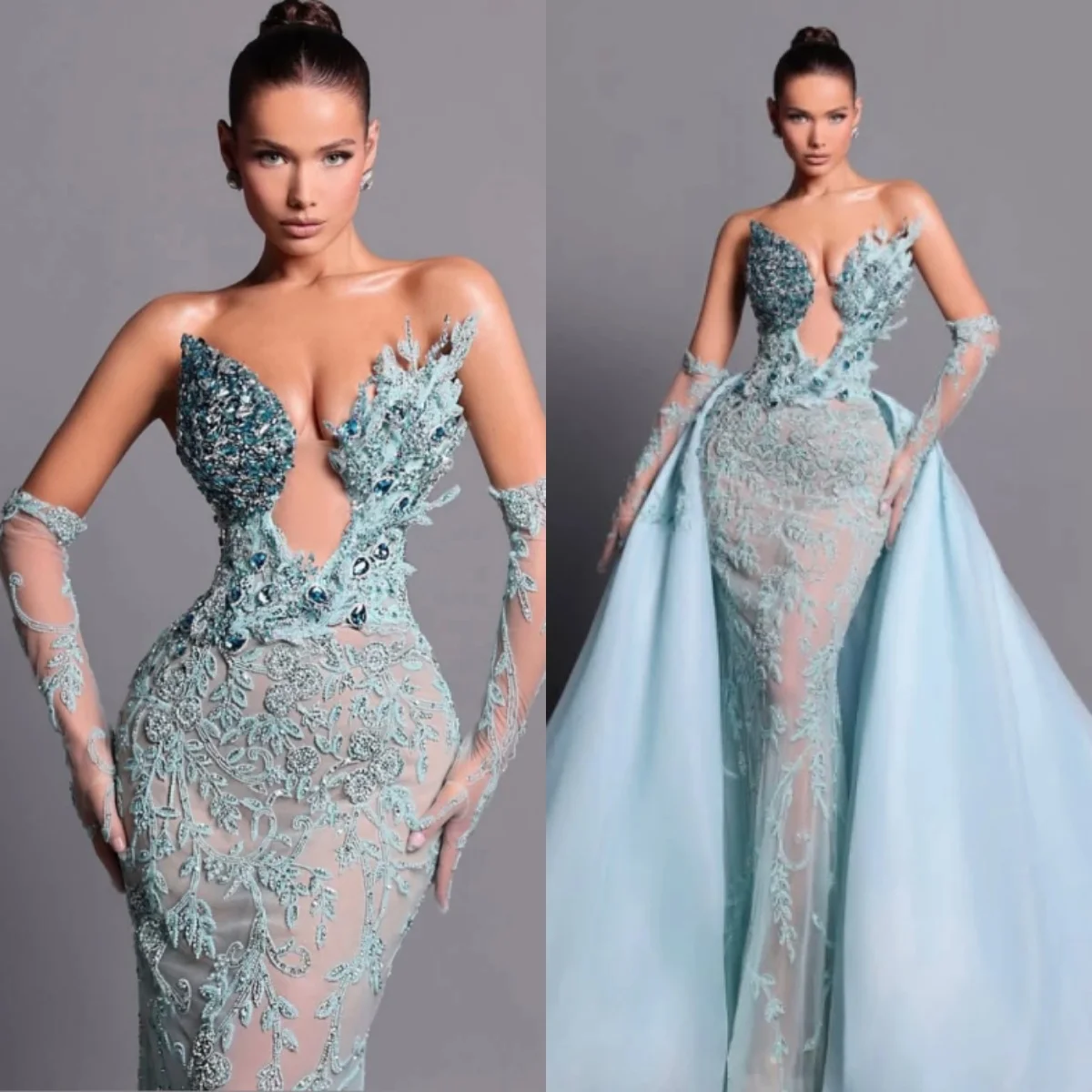 

Elegant Prom Gown O-Neck Sexy Evening Dress Party Dresses Tulle Tail Bridal Gowns Remove Tail Robes De Mariée Size Customized