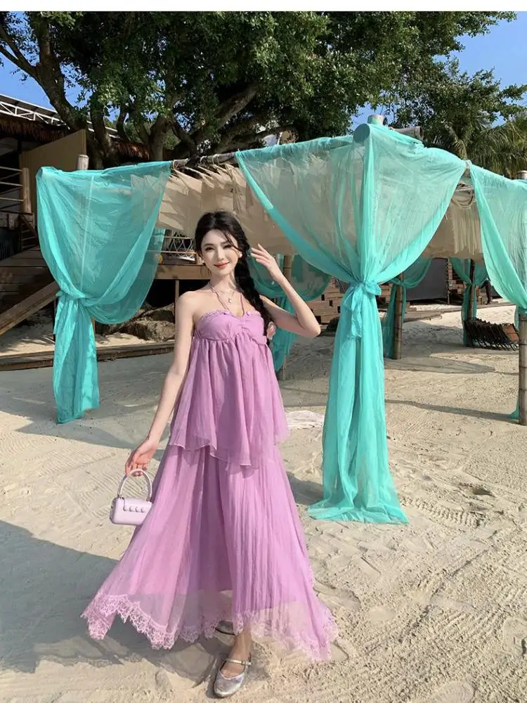 

Vintage Women Summer Purple Lace Sexy Sleeveless Backless Halter Lace-up Tops And High Waist Pleated Long Skirt Two Piece Sets