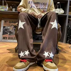 Street American Vintage Print Star Casual Sport hose Männer Frühling Herbst Tasche elastische Taille Kordel zug lose gerade Hose