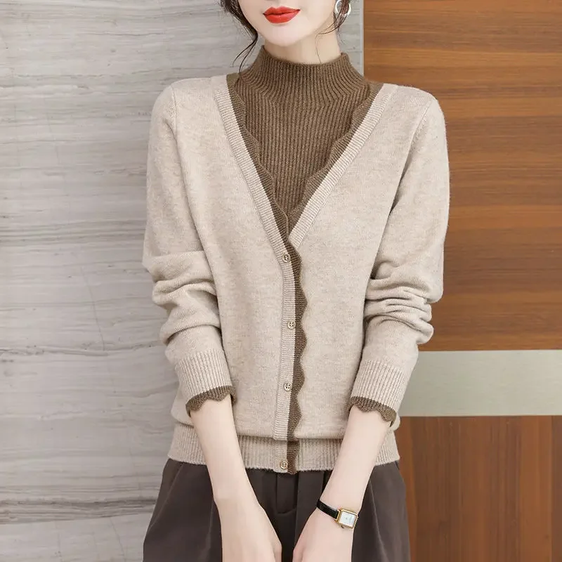 High End Spring Autumn New Half High Collar Fake Two-piece Knitted Wool Sweater for Women's Elegant Casual Loose Bottomed Top