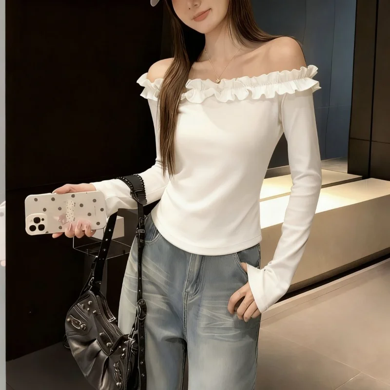 

Basic Korean Slash Neck Slim Pullovers Women's Clothing Off Shoulder Autumn Fashionable Folds Spliced Aura Solid Color T-shirts