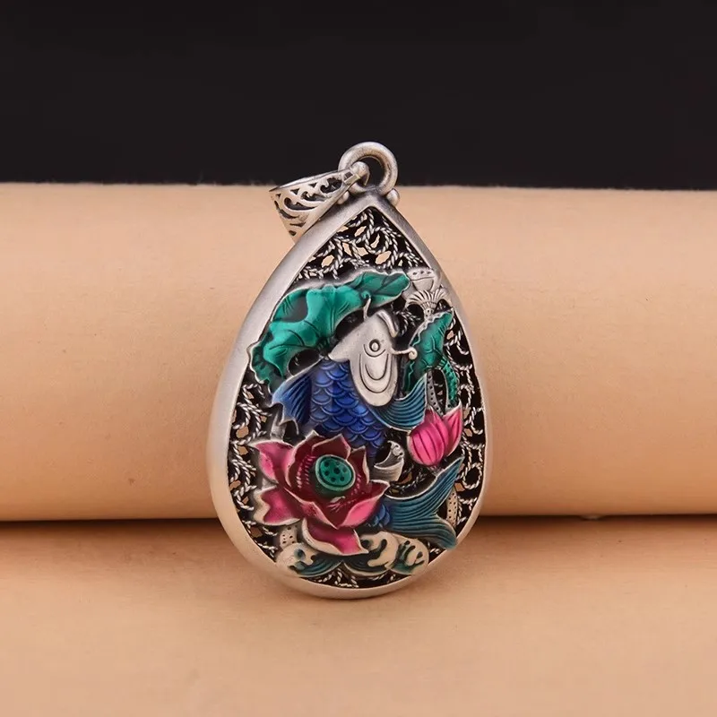 New in ethnic style colored enamel carp lotus flower water droplet pendant retro double-sided cloisonn craft necklace jewelry