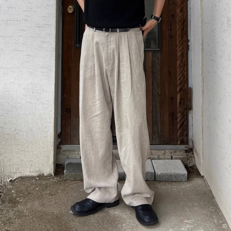Men's Linen Pants Military Green Summer Loose Straight Wide Leg Trousers Japanese Style High Grade Casual Breathable Beach Pants