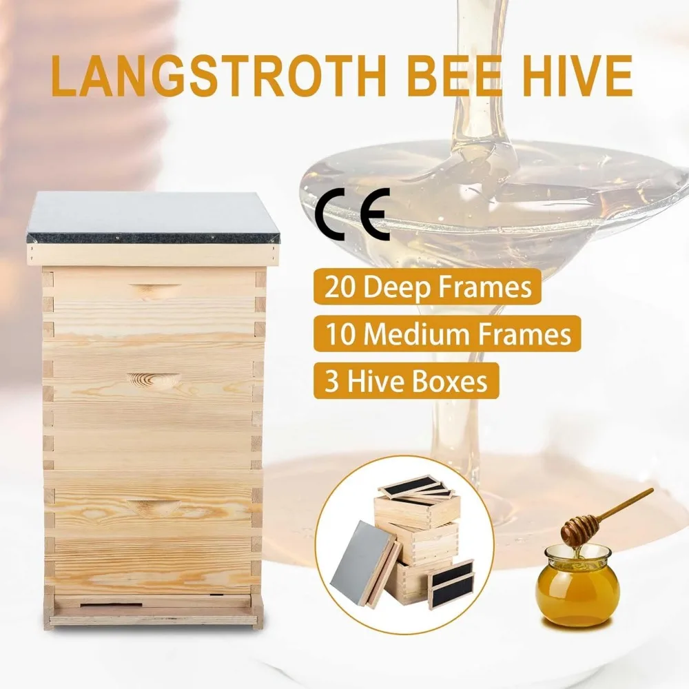 Bee Hive Boxes Starter Kit,3 Layer Bee House with 10 Medium and 20 Deep Frames & Foundations, Langstroth Beehive for Bee Keeping