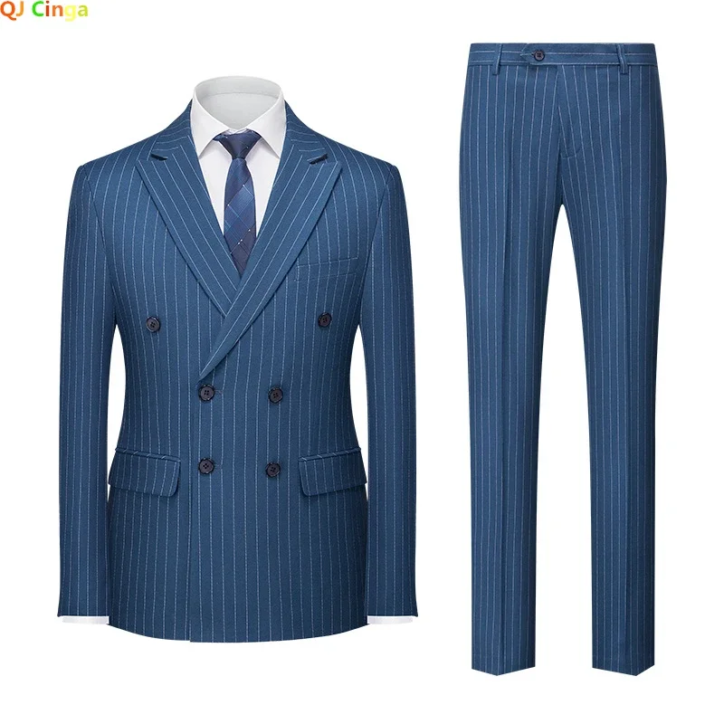 

Blue Pinstripe Men Double-breasted Suit Two-piece Wedding/Party/Business Dress Jacket and Pants Red Gray Male Sets