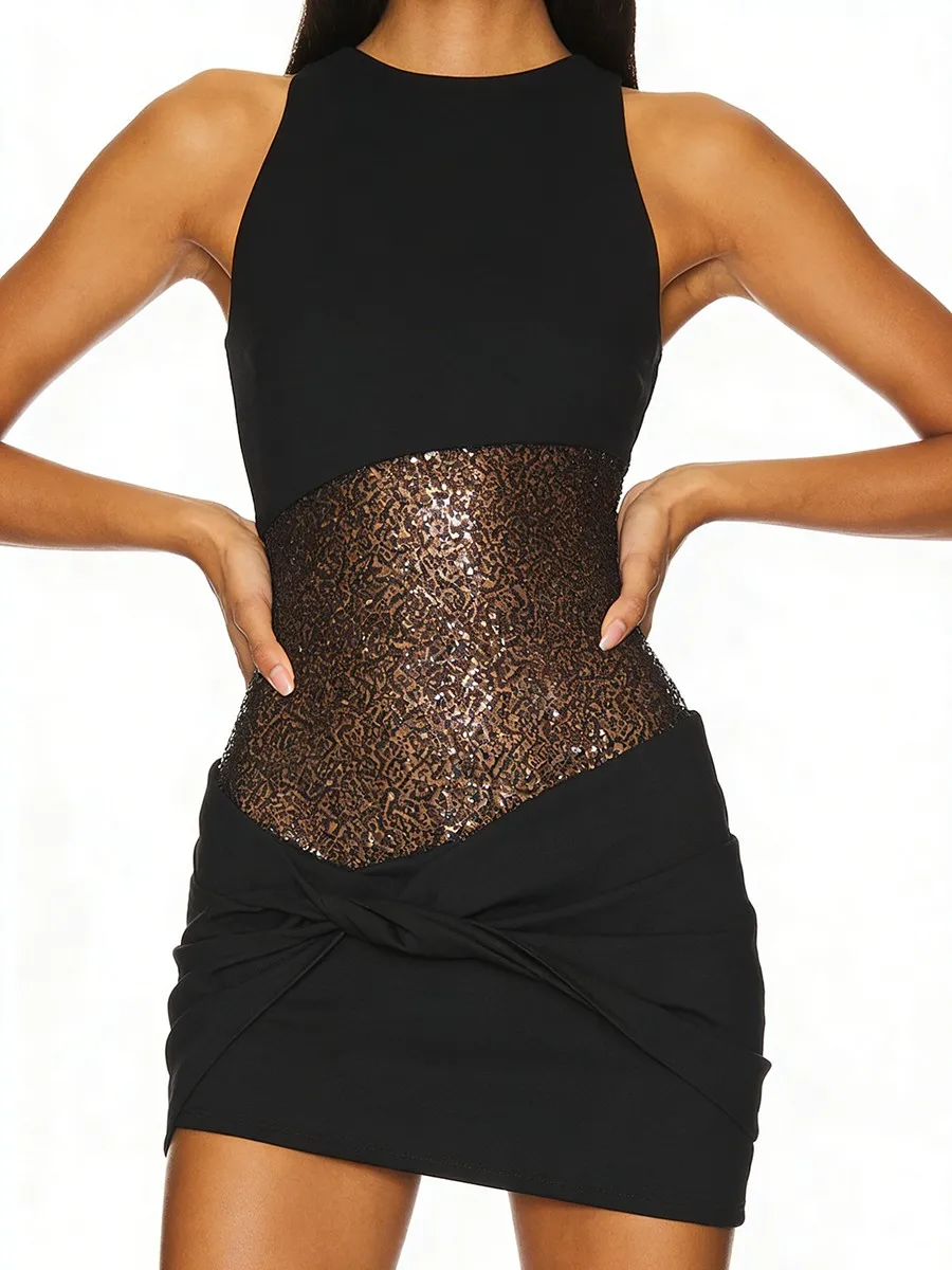 TWOTWINSTYLE solide minceur pure épissé plis Mini robes pour femmes col rond sans manches robe de mode femme vêtements nouveau