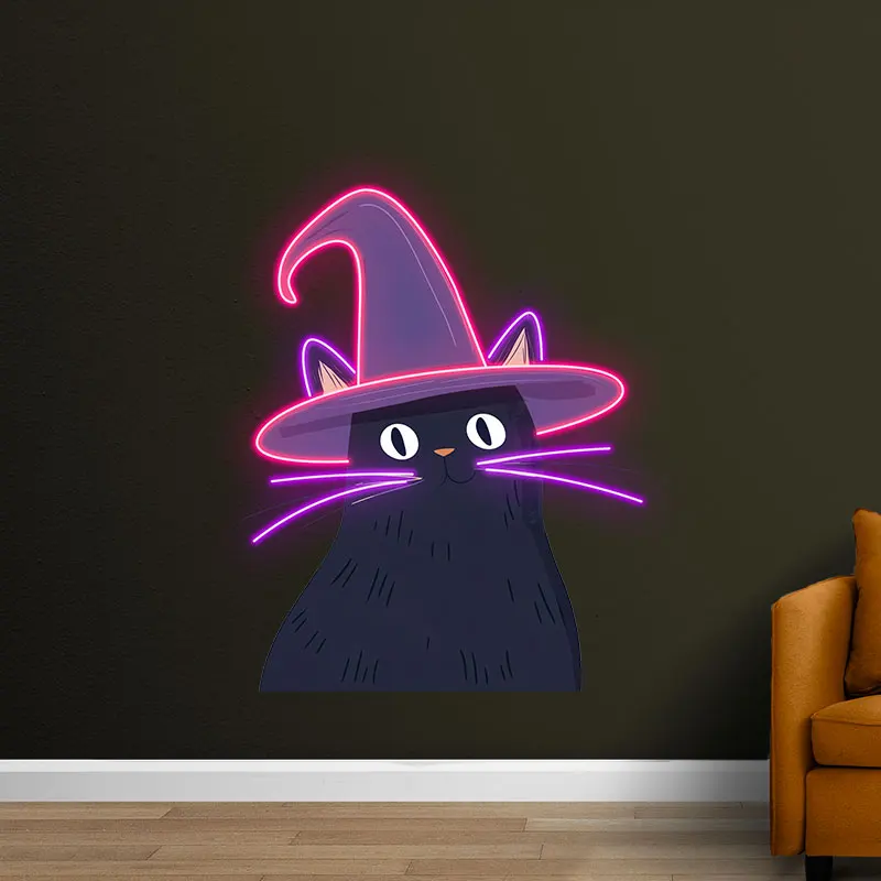 Black Cat Halloween Neon Light – LED Witch Hat Design for Spooky Halloween Décor, Perfect for Party, Home and Indoor Decoration