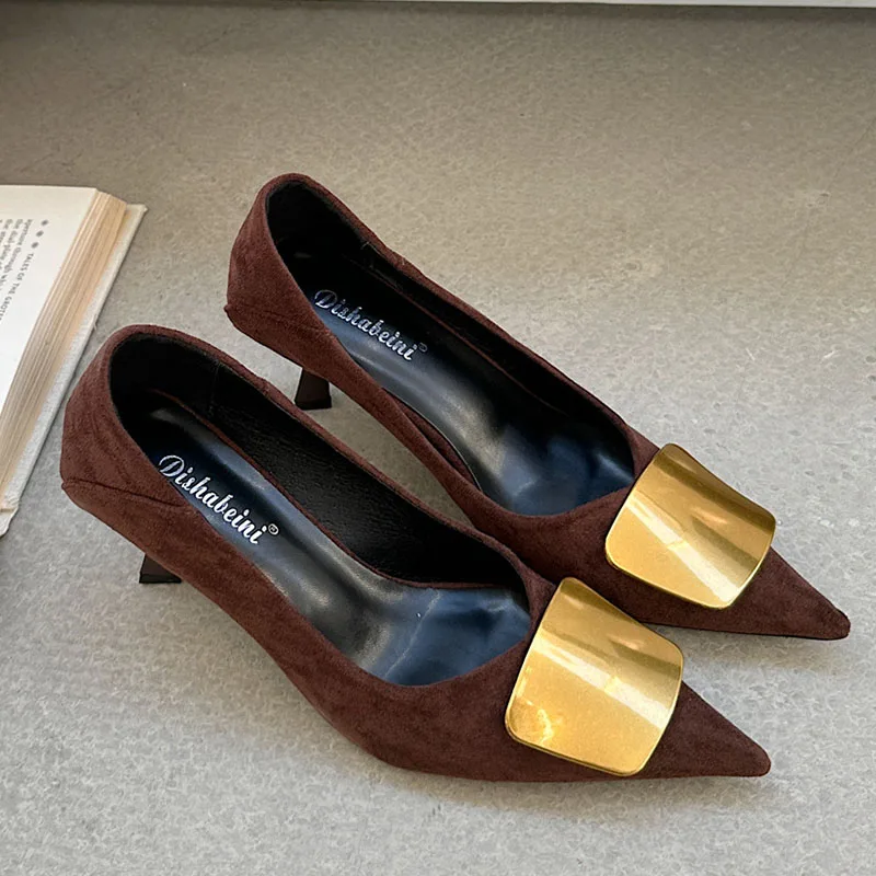 Pointed Toe Shallow Ladies Thin Heels Pumps Shoes Slides Fashion Metal Elegant Women Heeled Shoes Female Slip On Footwear image 3