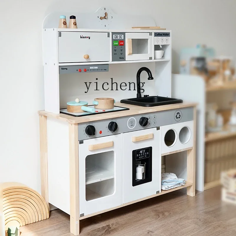 ZC children's kitchen toys sound and light out of the pool wooden simulation play house refrigerator microwave oven