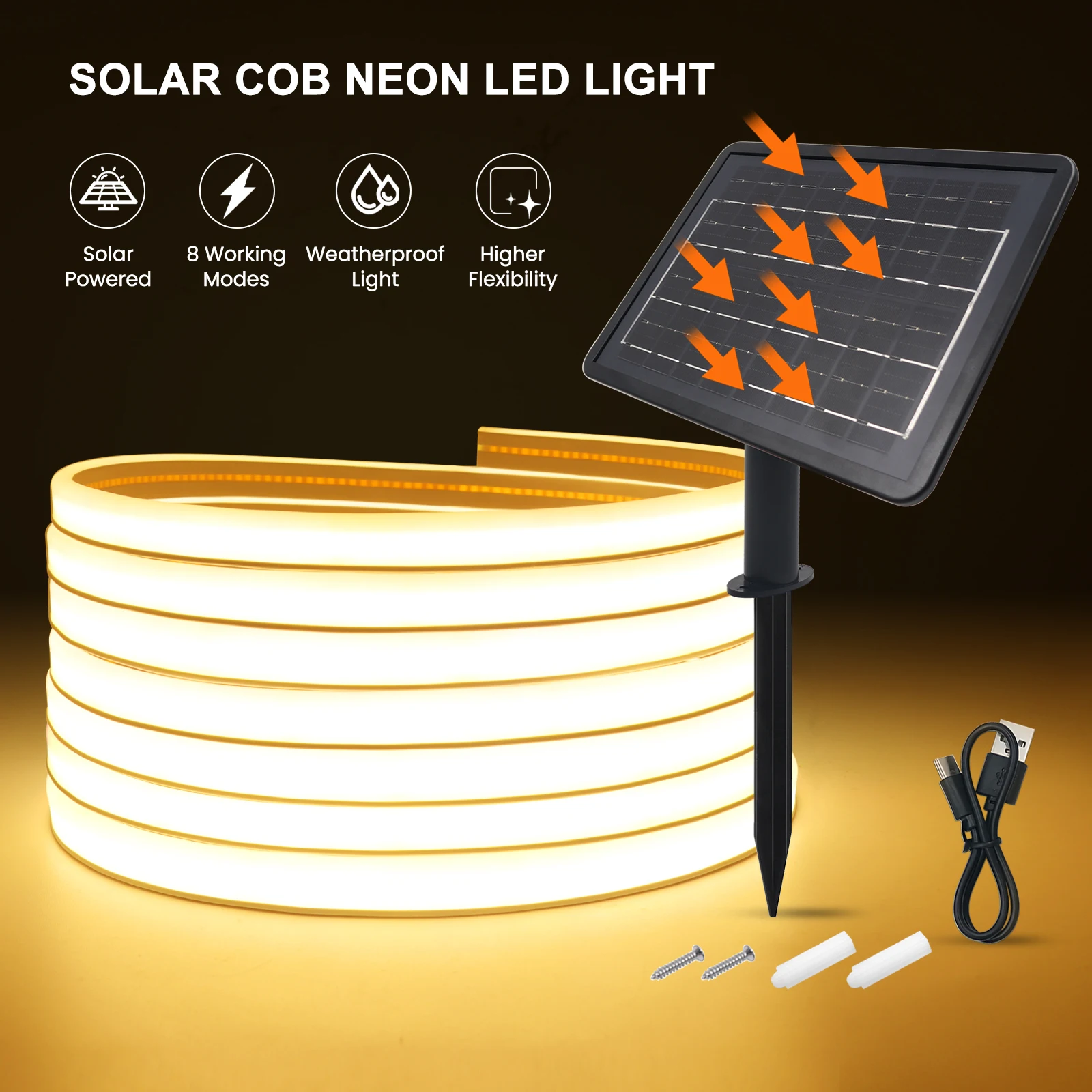

Outdoor Solar COB LED Strip 24V 320LEDs/m Neon Rope Light Waterproof Flexible Tape 0.5m-10m Solar LED Lighting for the Garden