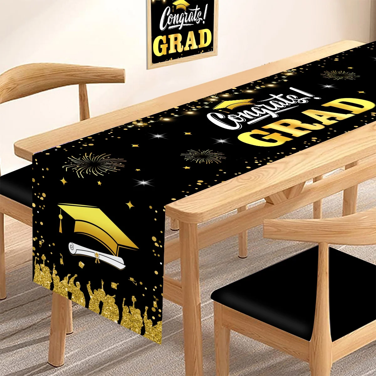 1pc Congrats Grad Tablecloth Graduation Cap Diploma Table Runner Class of 2025 Stars Fireworks Graduation Party Supplies