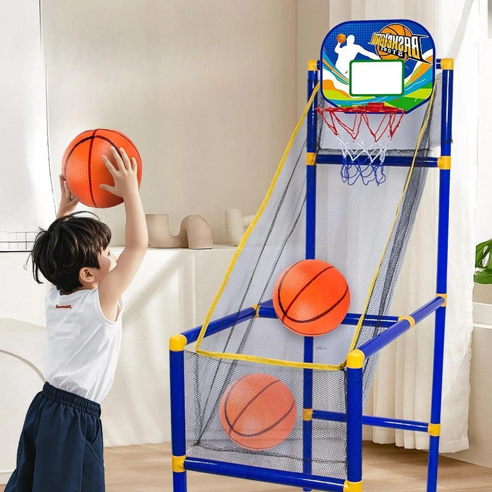 Basketball Shooting Machine Movable Basketball Hoop with Ball Arcade Basketball Game Indoor Outdoor Training Sport Toy Kid Gifts