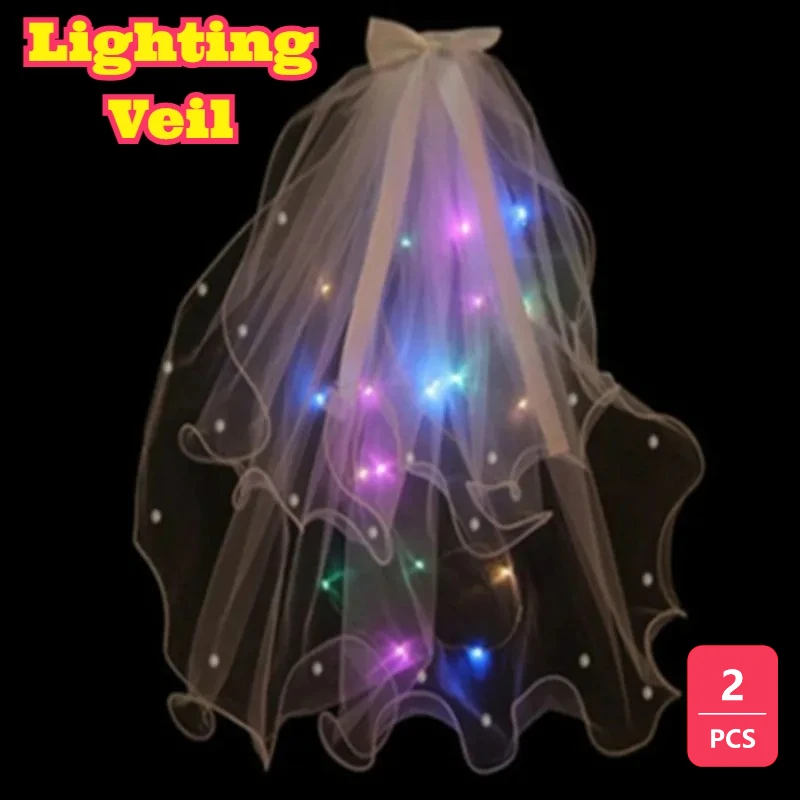 

2PCS Luminous Bridal Veil Tassel Crown Double Layer Soft Tulle Fairy Wedding Headdress Color Light Hair Ornament Bohemian Photo