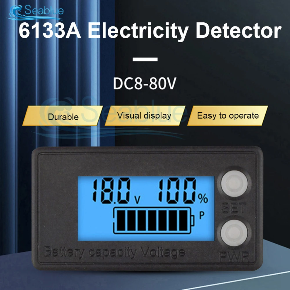 1Pc 6133A LCD Battery Capacity Indicator Temperature DC 8V-100V Waterproof Optional Lead Acid Lithium LiFePO4 Voltmeter Gauge