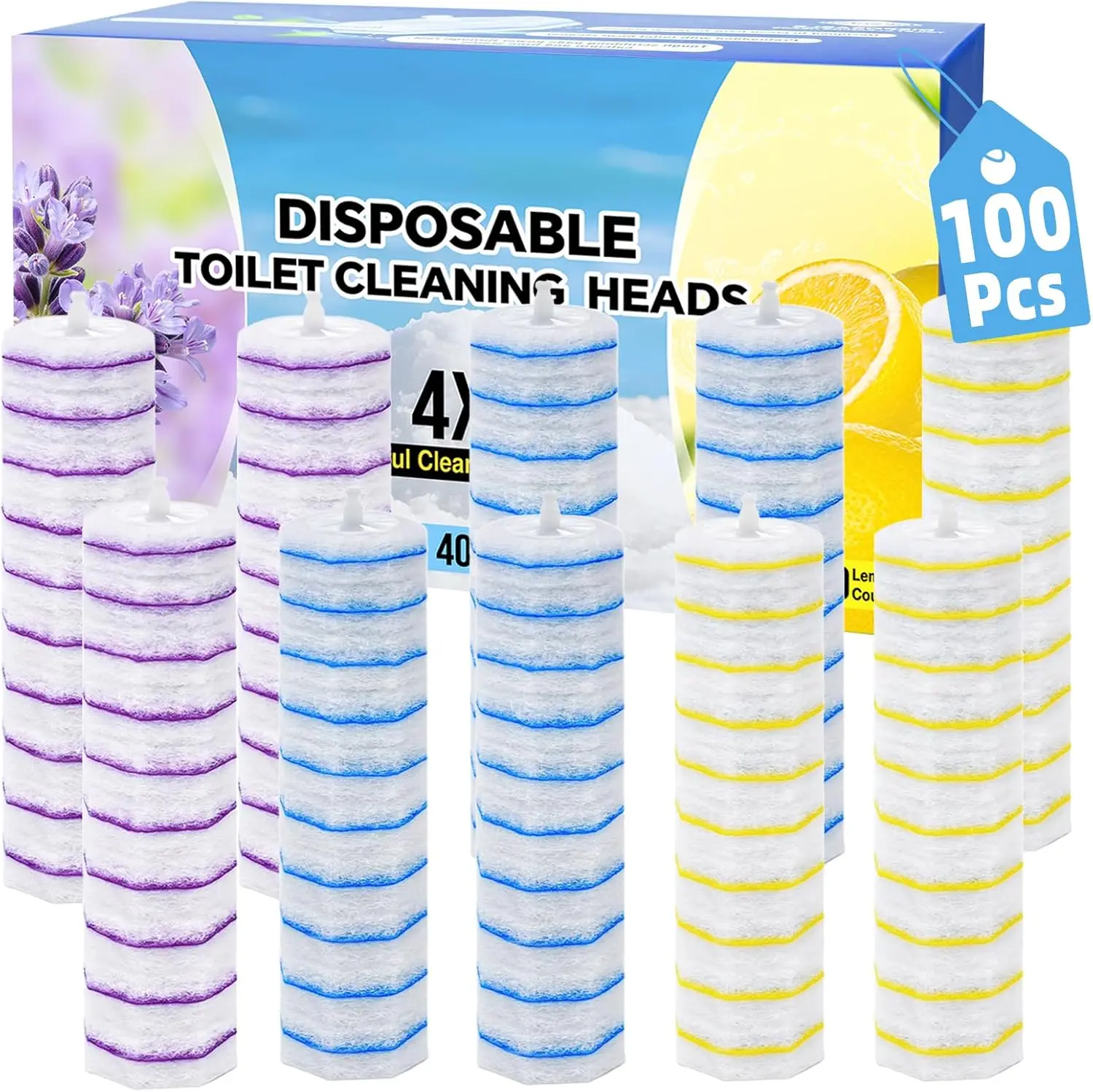 

100 сменных насадок для туалетного ершика, 4-кратная очищающая сила, одноразовые подушечки для уборки ванной комнаты, легкий аромат