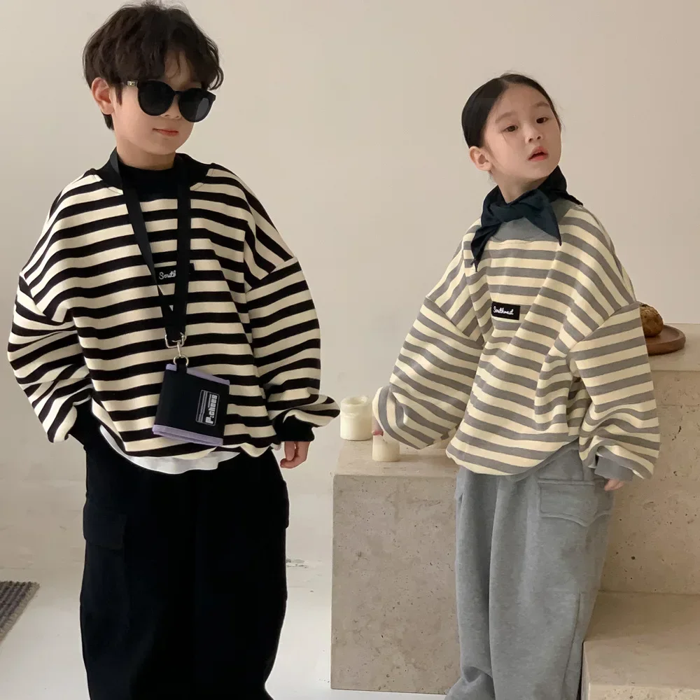 2024 New Winter Kids Hoodie fleece lining fashion striped O-Neck sweatshirts for Boys Girls thick warm bottoming Tops