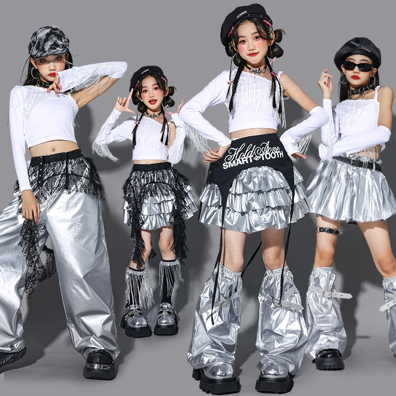 

Детская одежда для джазовых танцев, сценический наряд Kpop, белый укороченный топ, серебряные штаны, плиссированная юбка, костюм для показа мод для девочек 2790