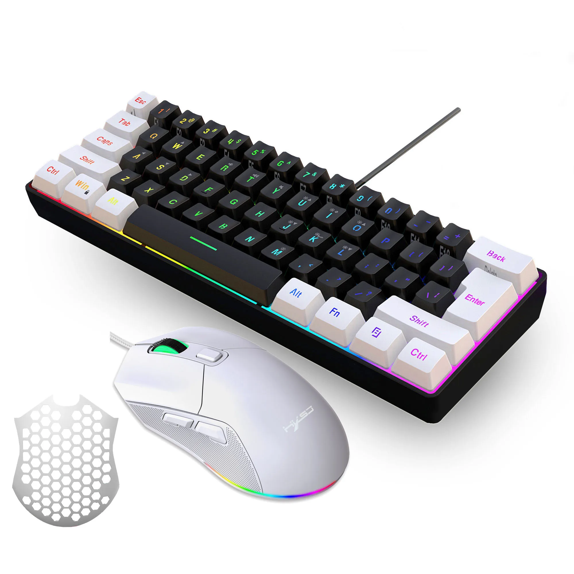 Compact RGB Keyboard and Gaming Mouse Combo - White & Black 61-Key Mini Wired Keyboard Ergonomic Design, Mouse Cover