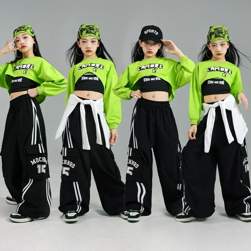 

Hip Hop Girls Green Crop Top Baggy Pants Children Streetwear Cheerleader K-pop Costume Kids Jazz Street Dance Stage Clothes Sets