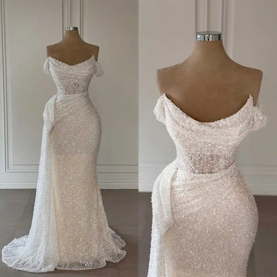 Simple Sequins Wedding Dress Mermaid Off Shoulder Bride Robe Sleeveless Sweep Train Bridal Gown Robe De Mariée