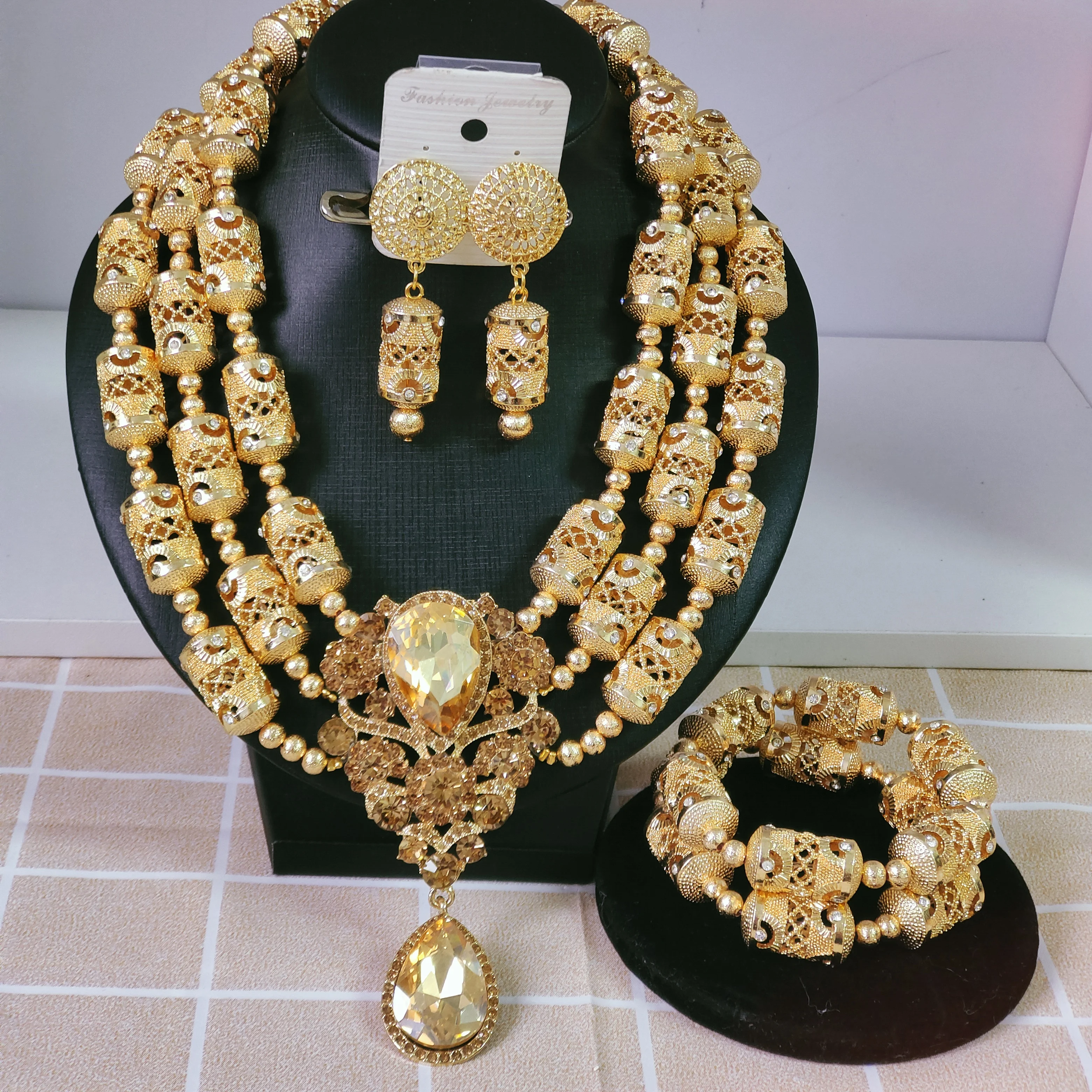 Dubai gold African jewelry set Nigerian traditional wedding beads bridal jewelry sets