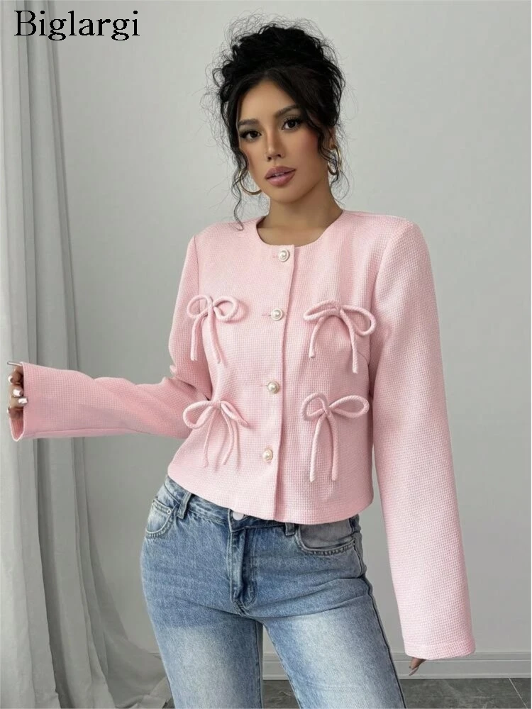 

Autumn Pink Coat Women Bow Fashion Sweet Korean Style Ladies Cropped Jackets Loose Long Sleeve Woman Coats