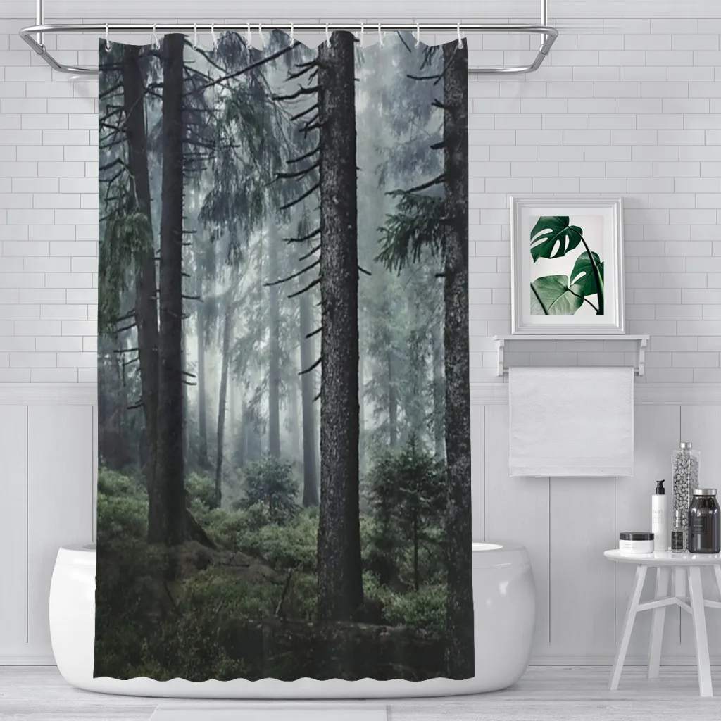 

Path Vibes Wild Romantic Misty Retro Fall Wilderness Fairytale Forest With Cascadia Trees Shower curtain