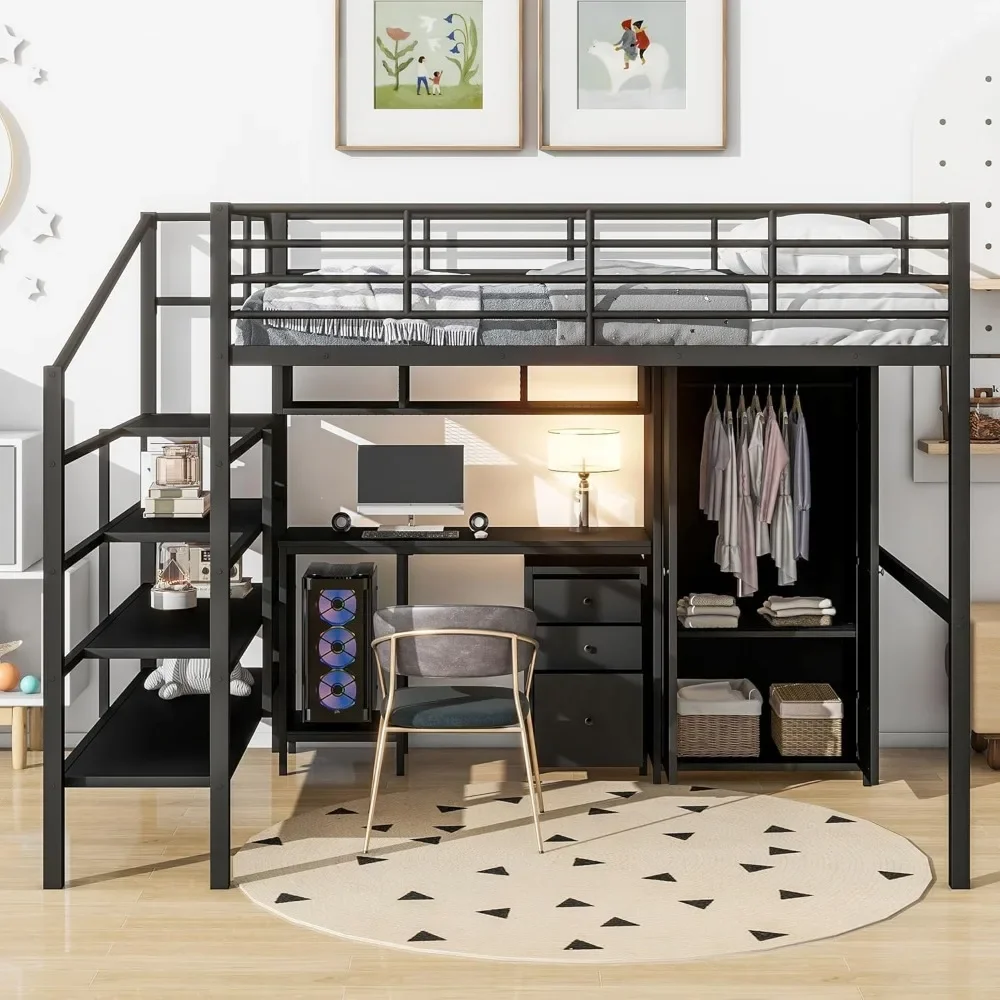 

Full Loft Bed with Desk and Wardrobe, Loft Bed with Storage Stairs, Loft Bed Full Size Adults, Kids, Teens Metal, Black