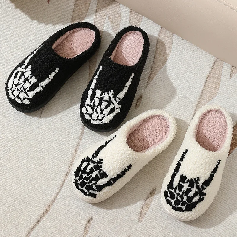 Skull Finger Pattern Skull Embroidery stuffed Home Platform Cozy Wool Cotton Slippers Rock Finger Warm Non-slip Indoor Slippers