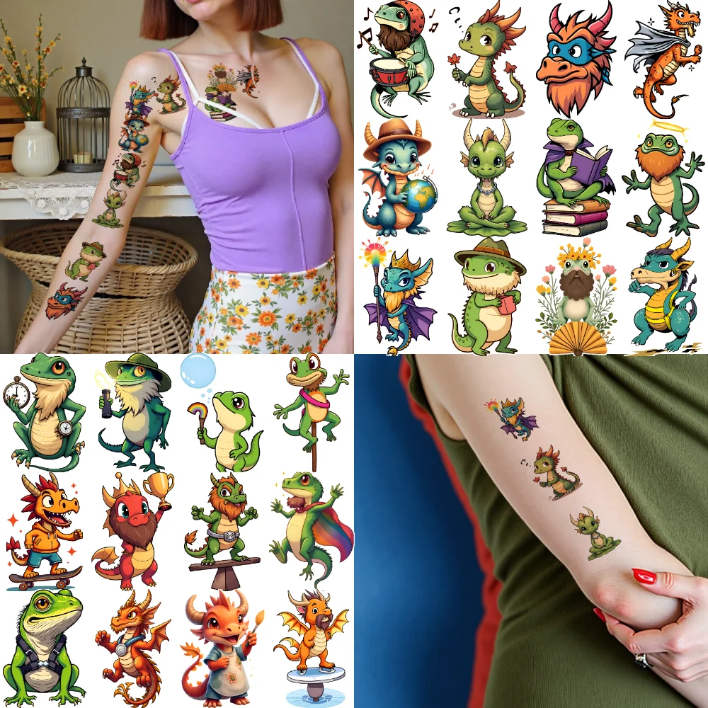 

54pcs Temporary Tattoo Dragon Characters Waterproof Long-lasting Body Stickers Lizard Characters Cartoon For Arms