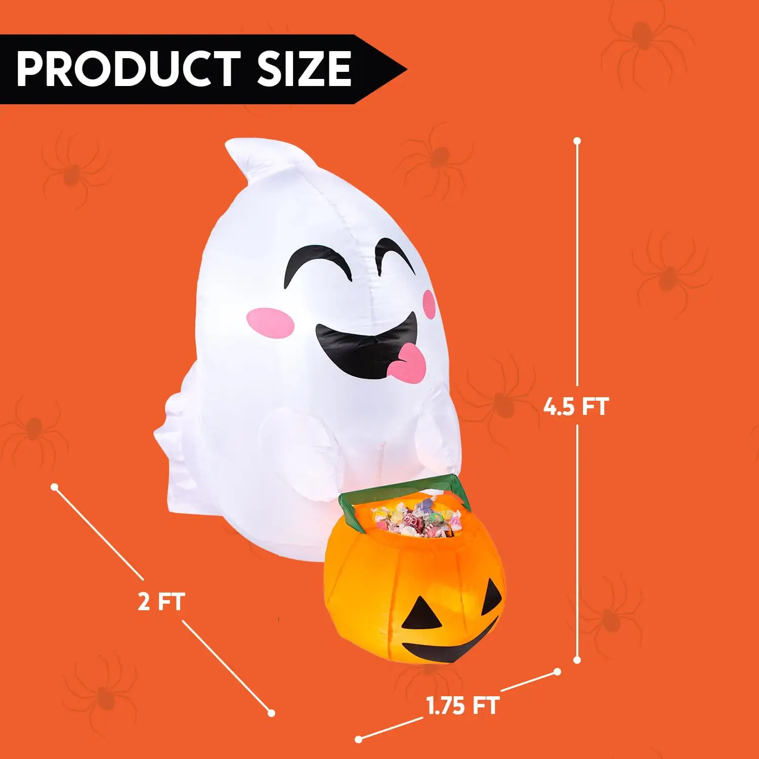 Joyfy 4,5 piedi fantasma volante gonfiabile di Halloween con cesto di caramelle di zucca rotto per la decorazione della finestra