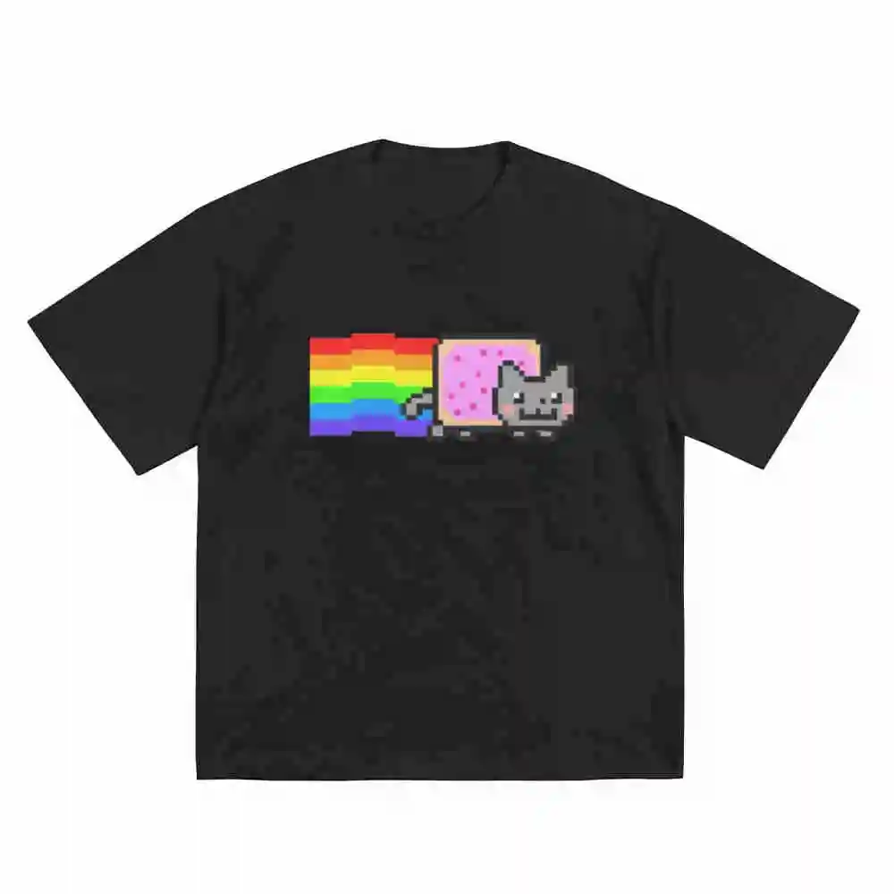 Pixel Art Rainbow Cat Retro 8 Bit Video Game Donut Short Sleeve Tee 100% Cotton T-Shirt