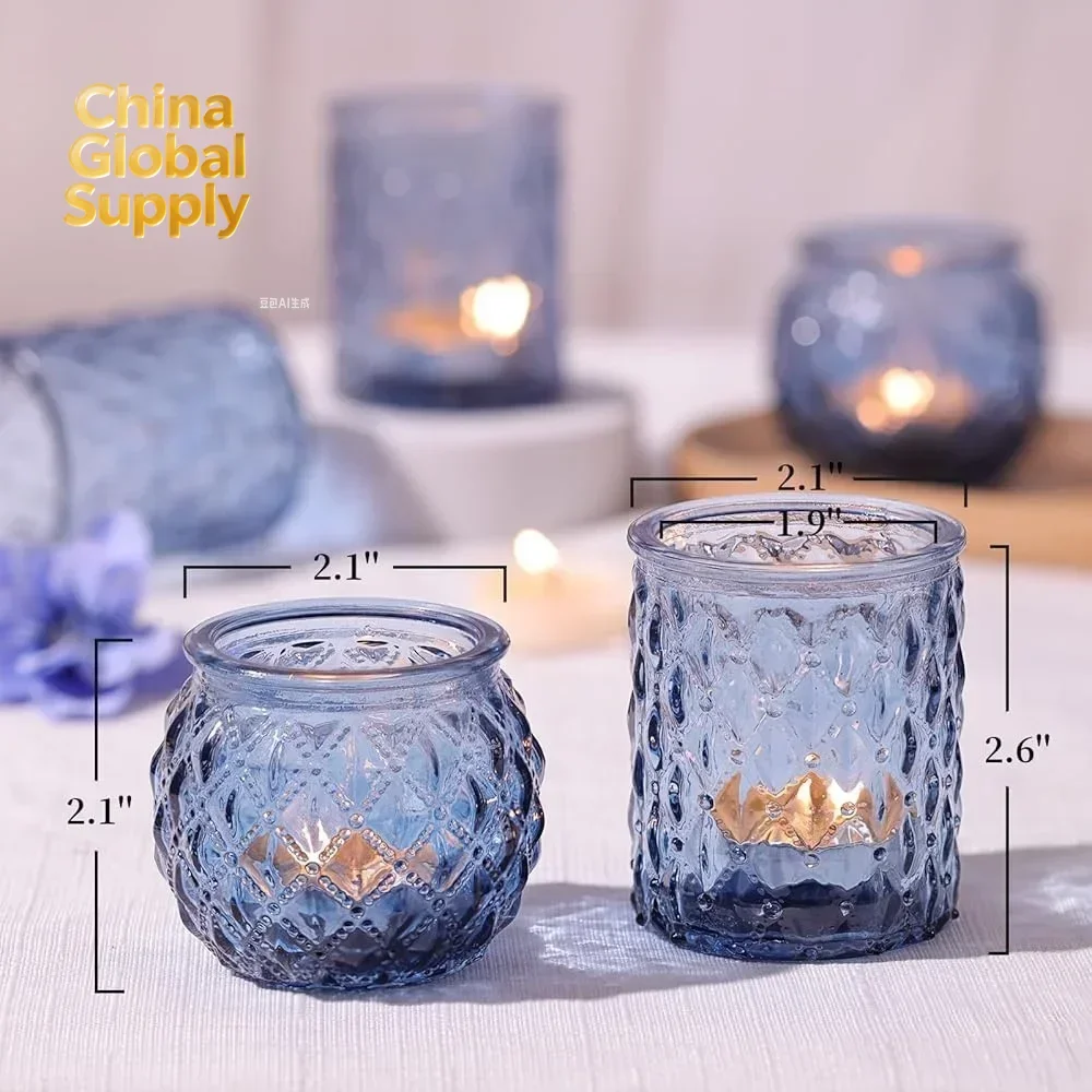 6/12Pcs Blue Glass Votive Candle Holders Tea Lights Candlestick for Wedding Party Home Table Decor