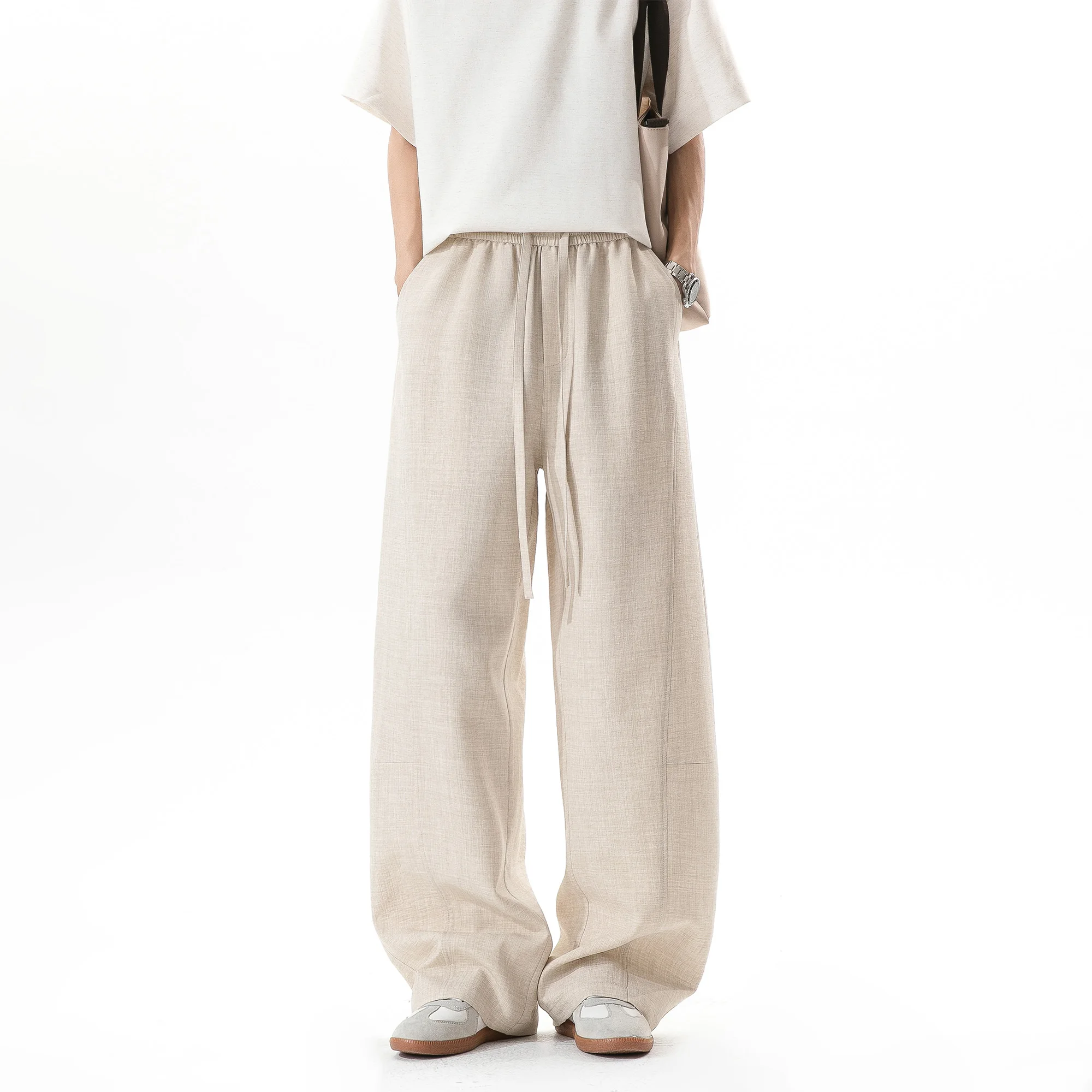 Loose Straight Leg Casual Pants Men's Summer Fake Linen Wide Leg Long Pants Knife  Casual Trousers Fashionable American S...