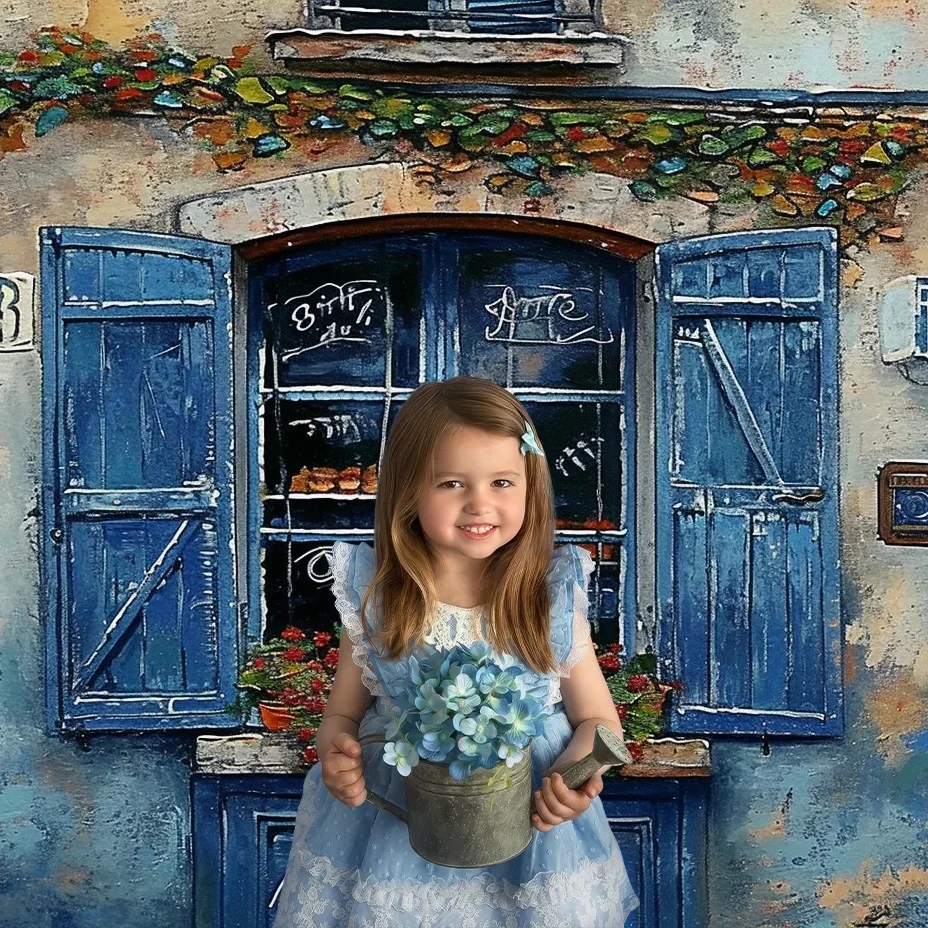 Spring Photography Backdrop Artistic Oil Painting Coffee Shop Blue Wooden Window Vines Birthday Portrait Background Photo Studio