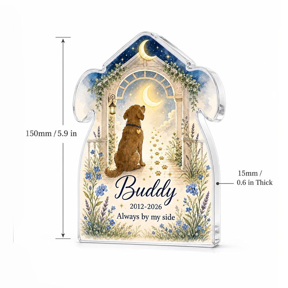 Custom Name Date Dog‑Shaped Acrylic Tabletop Ornament,Moon Star Garden Floral Art,Personalized Memorial Decor Pet Remembrance