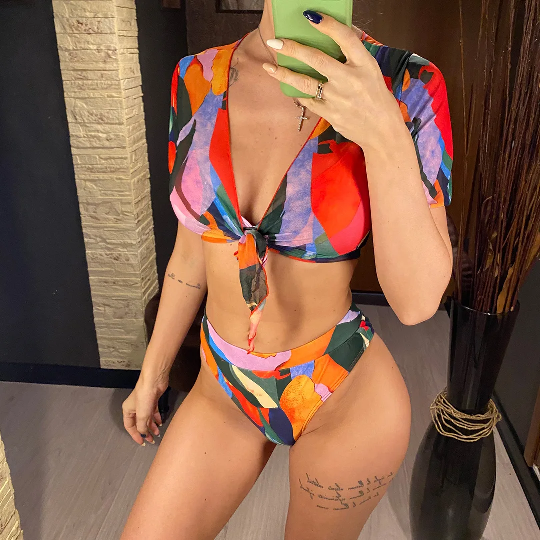 S - XXL, Bikini mit Leopardenmuster, hoher Bund, Damen-Badeanzug, dreiteiliges Bikini-Set, Badebekleidung, Badeanzug, Modell V2805SW. – Detail 3