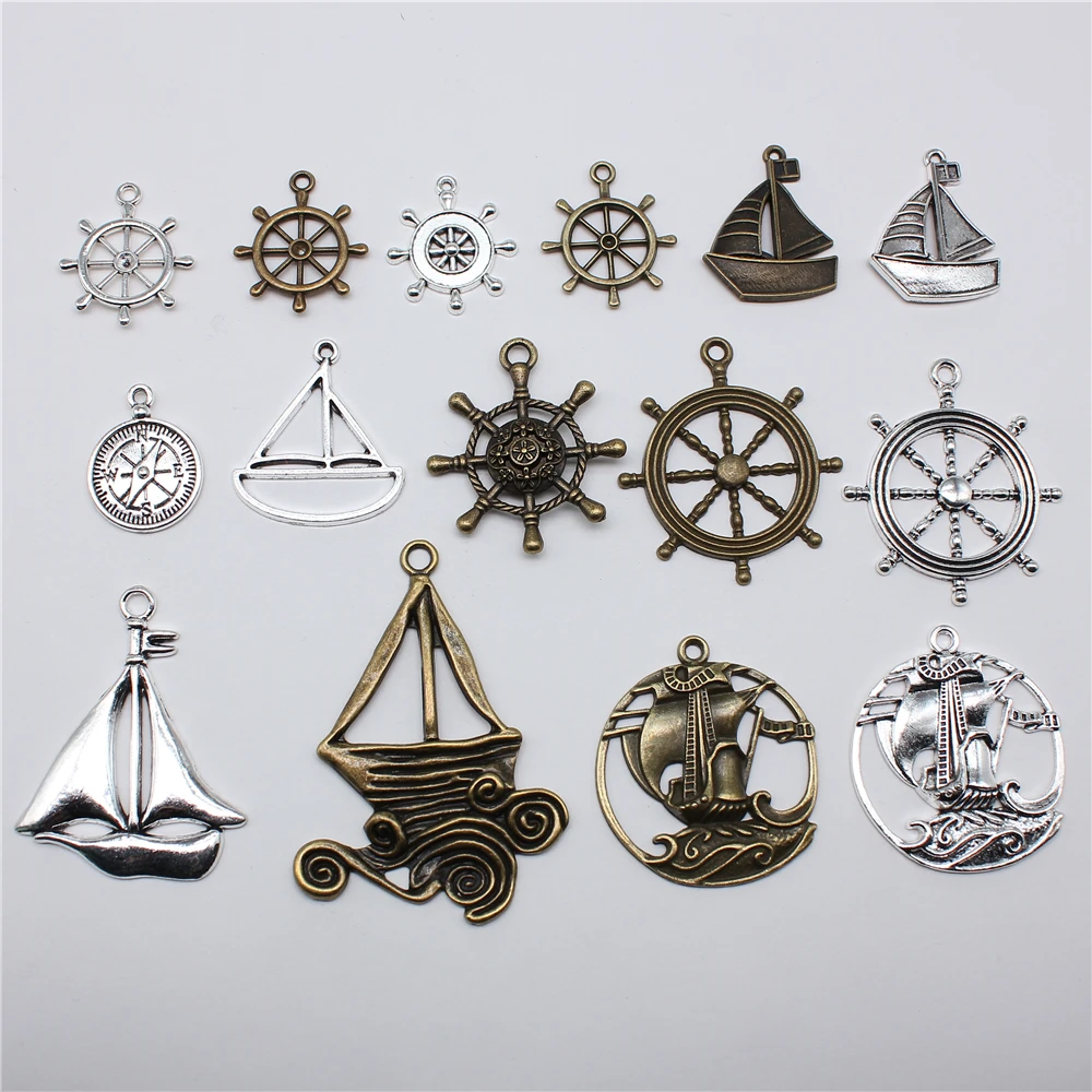 10pcs Ships Wheel Helm Rudder Compass Boat Charms Pendant Big Sailboat Pendant Charms For Jewelry Making