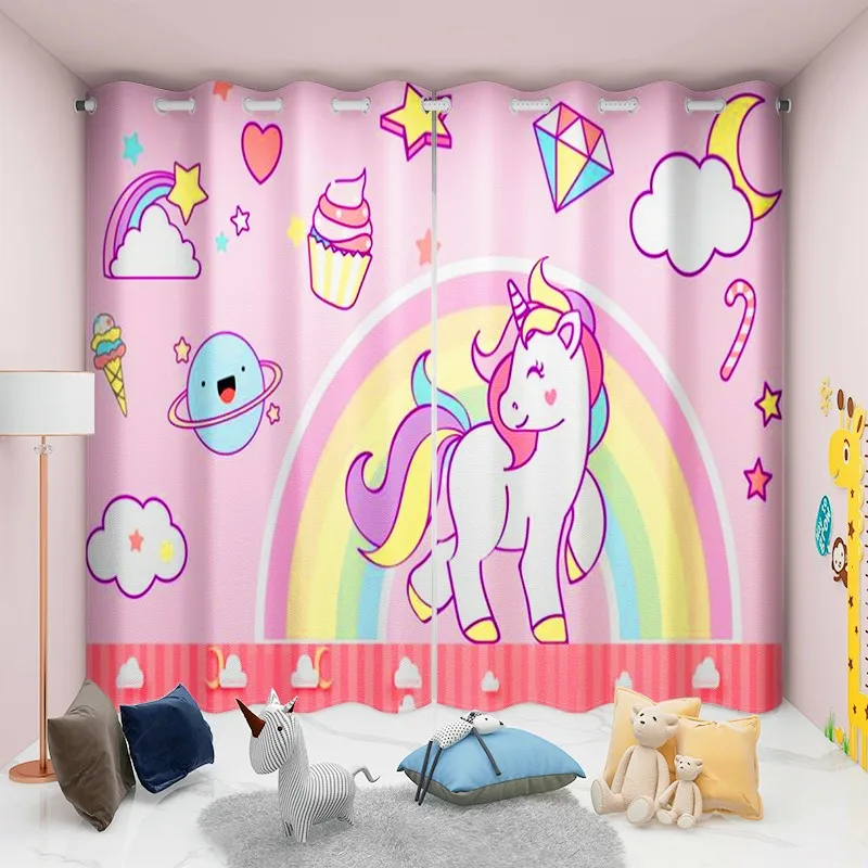 2Panel Cartoon Rainbow Unicorn Curtains Pink Curtains for Kids Girls Bedroom Window Floor-to-ceiling Window Blinds Grommet Top