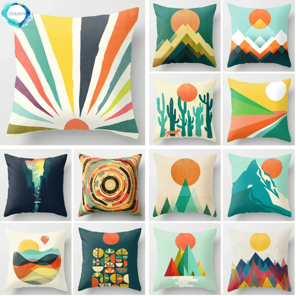 

Polyester Pillow Cover Minimal Line Abstract Sunset Throw Pillow Case Sun Moutain Decorative Cushion Covers for Home Sofa Chair