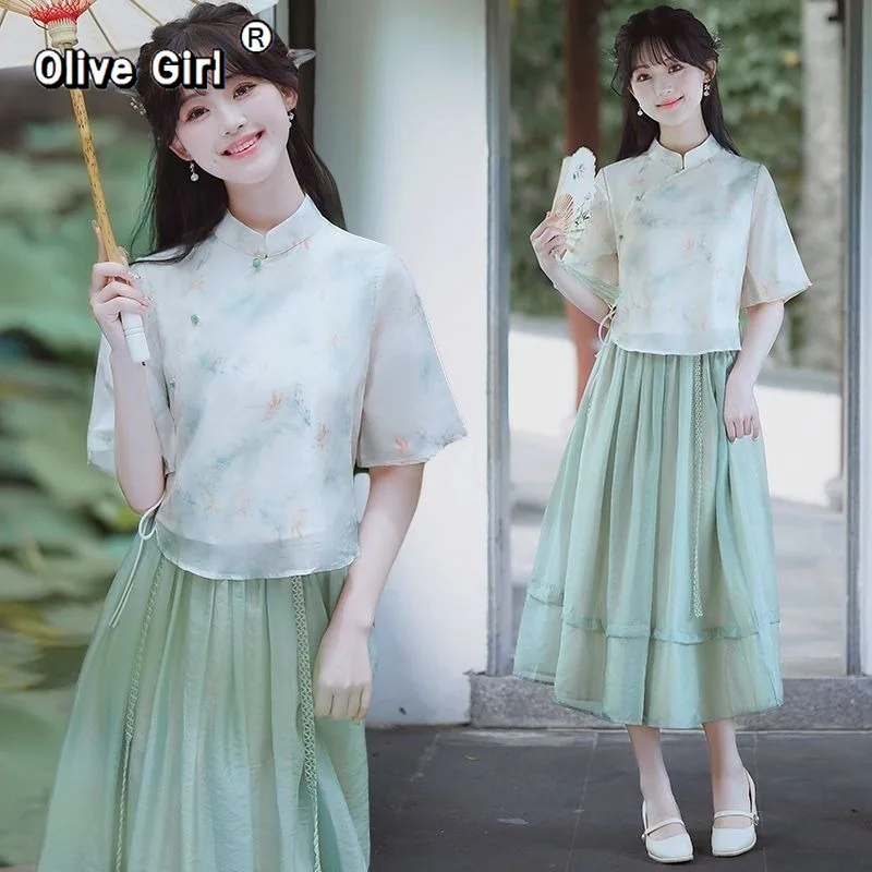 

Зеленая рубашка с принтом Olivegirl, короткая юбка в стиле чайной церемонии, комплект женской одежды, элегантный топ в китайском стиле, весна-лето