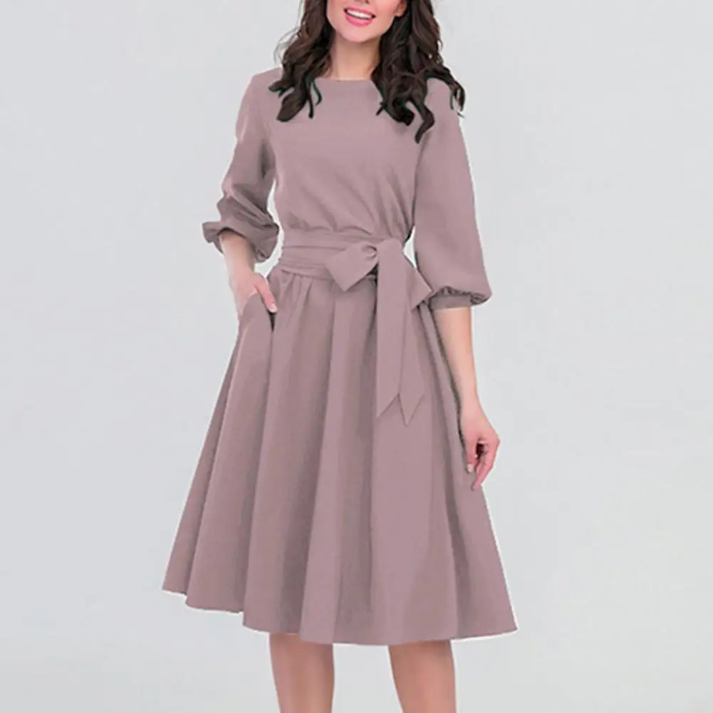 

Fall Summer Women Dress Lantern Sleeves Lace-up Waist Round Neck Solid Color A-line Loose Hem Knee Length OL Midi Dress