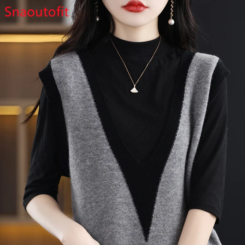 Sleeveless V-Neck Pure Wool Vest Women\'s 2023 Spring Knitted Pullover Fashion Match Color Cashmere Sweater Vest Loose Fold Top