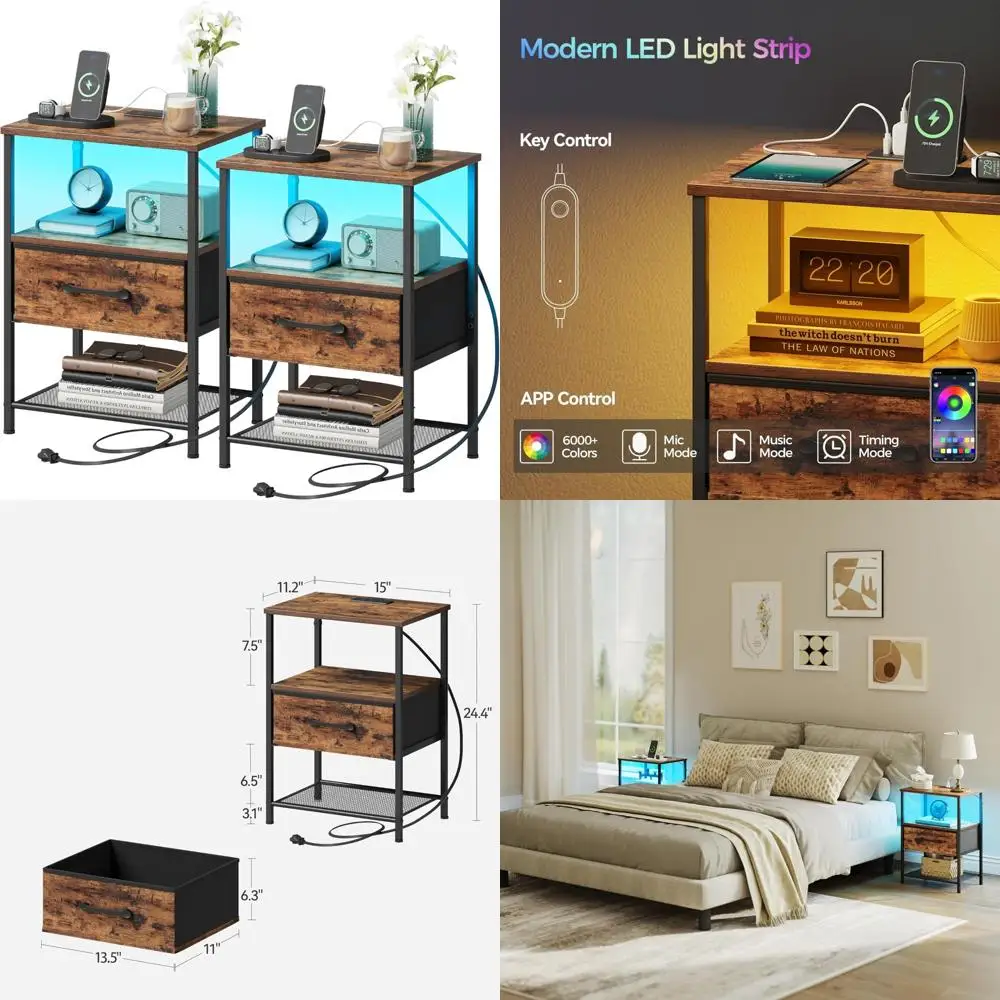 

LED 3-Tier Charging Station Nightstand with Fabric Drawer for Bedroom, Modern End Table for Bedside Use