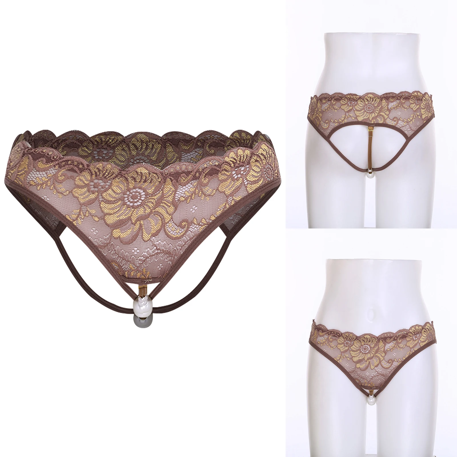 

Women Lingerie Open Crotch Flaunting Panties with Removable Faux Pearls G-String Stimulating Briefs for Anniversary Honeymoon
