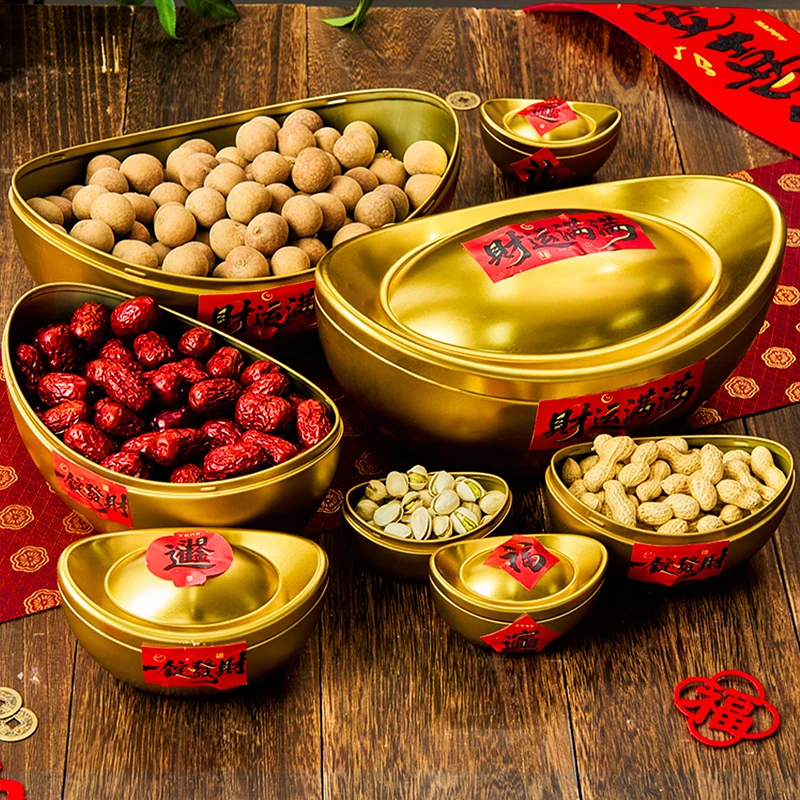 

Golden Ingot Shaped Tinplate Candy Box Storage Biscuits Treats Tea Jar Gift Container With Lid Lucky Wealth Home Decoration