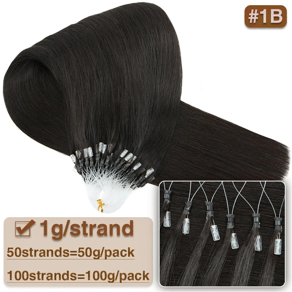 Micro extensões retas do cabelo do laço, preto natural, cabelo real, extensões do cabelo do anel, # 1B, 16-26 dentro, 1g pela vertente 50G