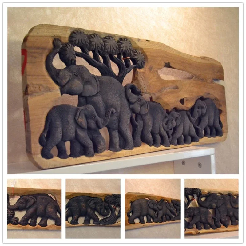 Southeast Asian Style Thailand Home Decorative Mural Wood Carving Elephant Hanging Board Wall Decoration Wall Hanging